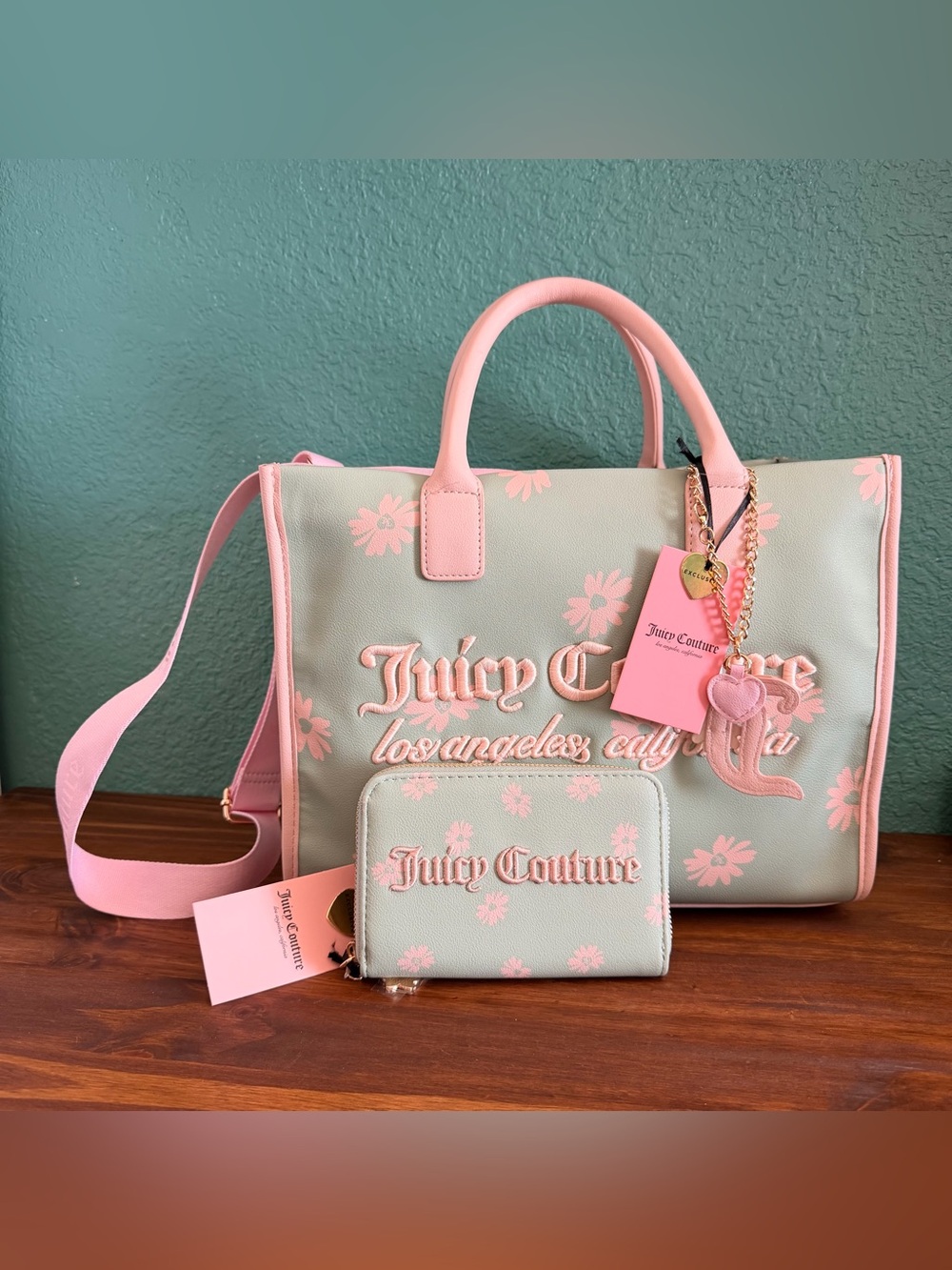 Exclusive Juicy Couture Mint and Pink Floral Tote with Matching Wallet